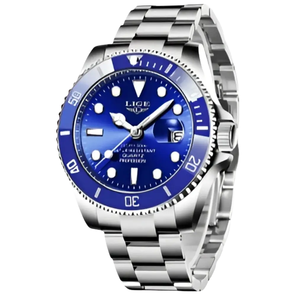 LIGE Montre de plongée étanche pour homme montre bracelet à quartz Bleu Argenté Montre à Quartz