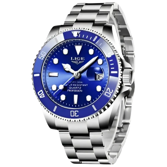 LIGE Montre de plongée étanche pour homme montre bracelet à quartz Bleu Argenté Montre à Quartz