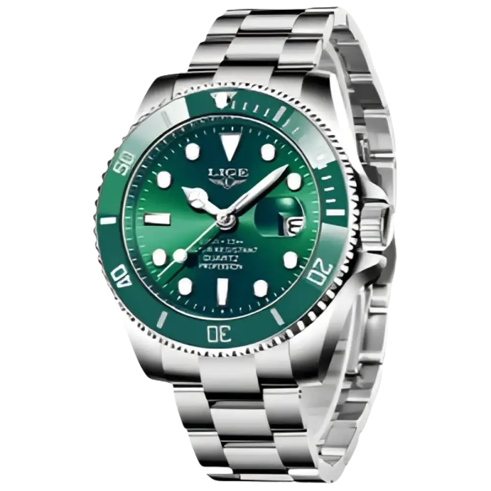 LIGE Montre de plongée étanche pour homme montre bracelet à quartz Vert Argenté Montre à Quartz