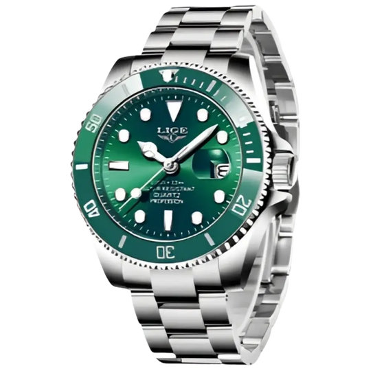 LIGE Montre de plongée étanche pour homme montre bracelet à quartz Vert Argenté Montre à Quartz