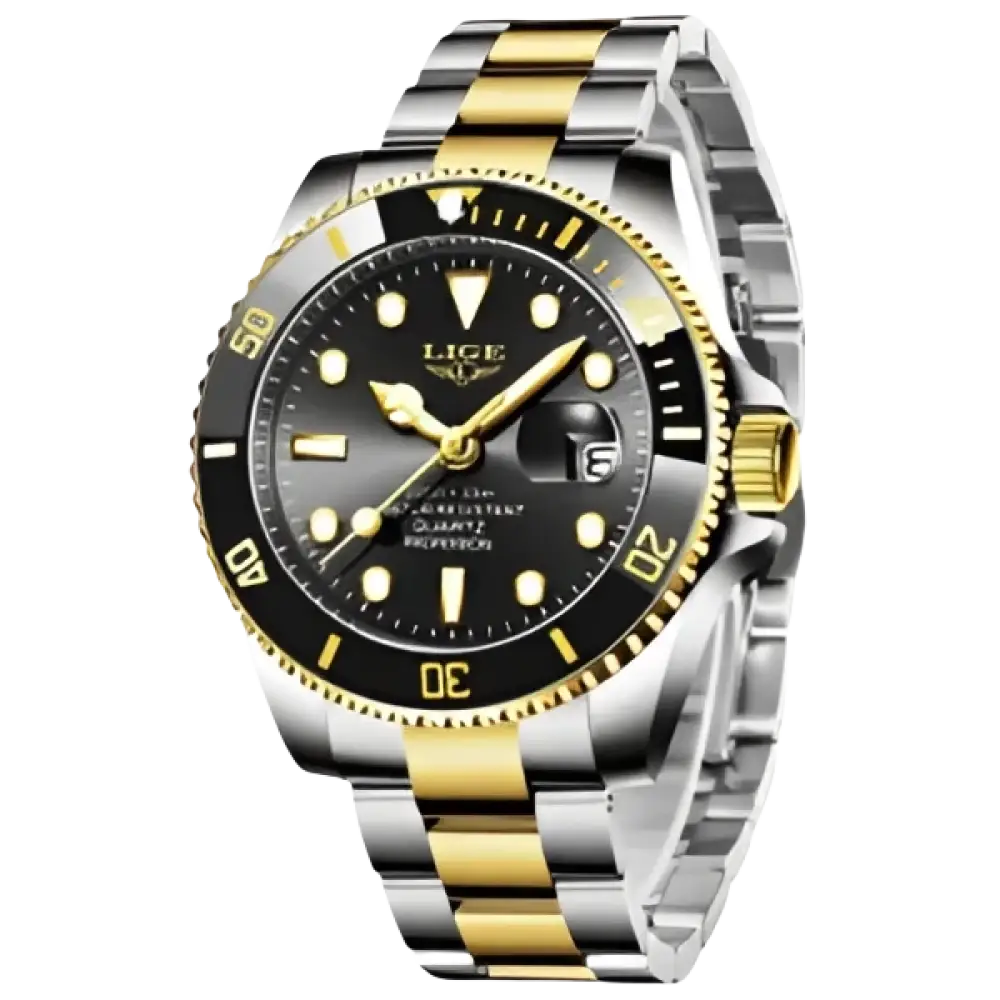 LIGE Montre de plongée étanche pour homme montre bracelet à quartz Or Noir Montre à Quartz