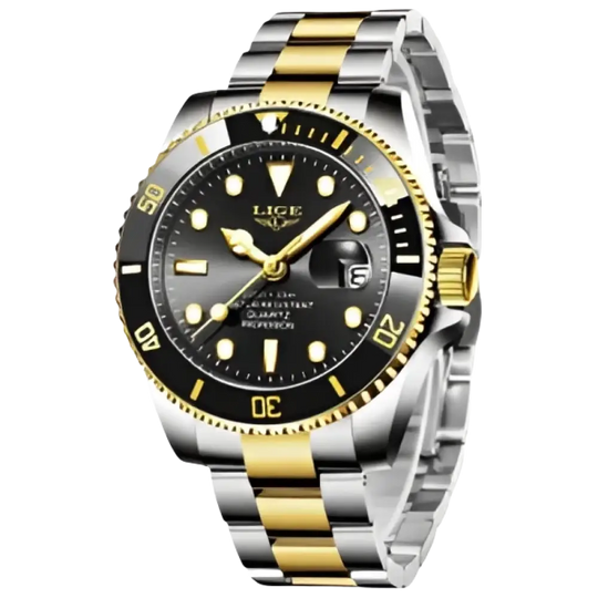 LIGE Montre de plongée étanche pour homme montre bracelet à quartz Or Noir Montre à Quartz