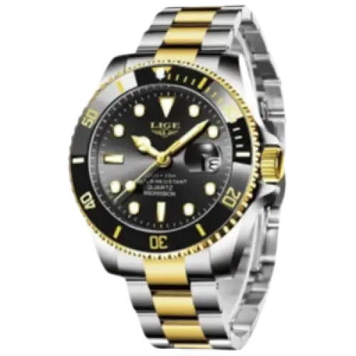 LIGE Montre de plongée étanche pour homme montre bracelet à quartz Or Noir Montre à Quartz