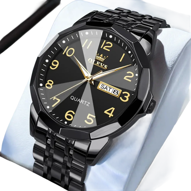 Montre à quartz analogique noire pour homme, avec cadran doré et bracelet en métal.