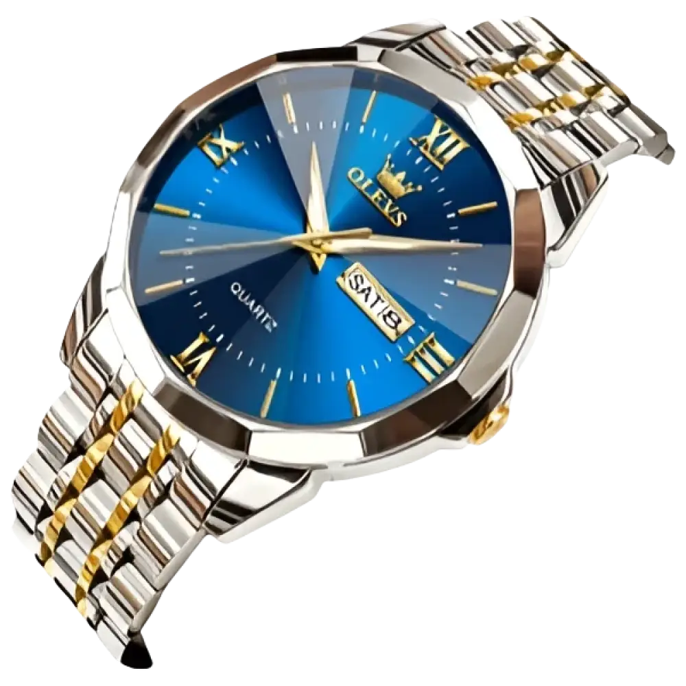 Montre pour homme en argent et or bicolore avec un cadran bleu.