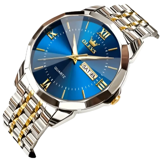 Montre pour homme en argent et or bicolore avec un cadran bleu.