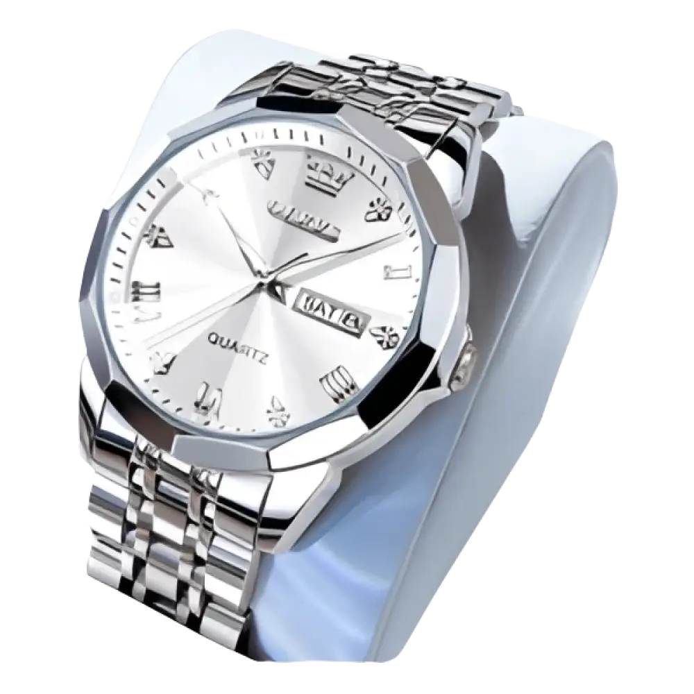 Montre pour homme en acier inoxydable de couleur argentée avec cadran blanc et affichage de la date.
