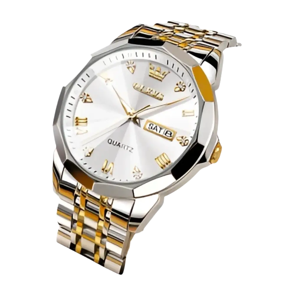 Montre à quartz bicolore argent et or pour homme, avec cadran blanc et affichage de la date.