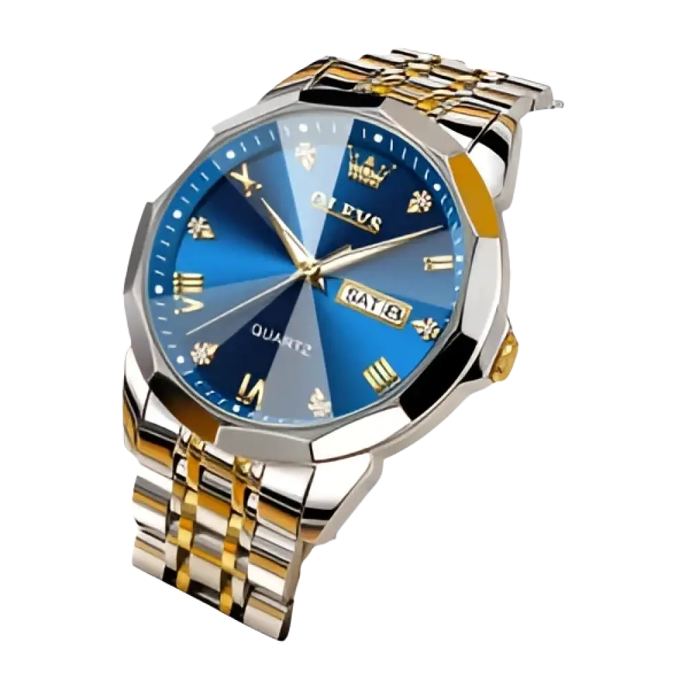 Montre pour homme en argent et or bicolore avec un cadran bleu.