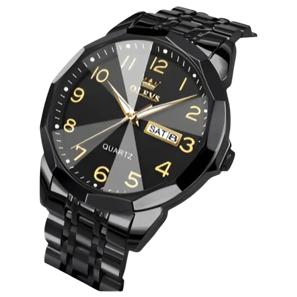 Montre pour homme en acier inoxydable noir avec un cadran noir et gris et des index et aiguilles dorés.