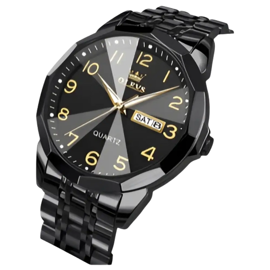 Montre pour homme en acier inoxydable noir avec un cadran noir et gris et des index et aiguilles dorés.