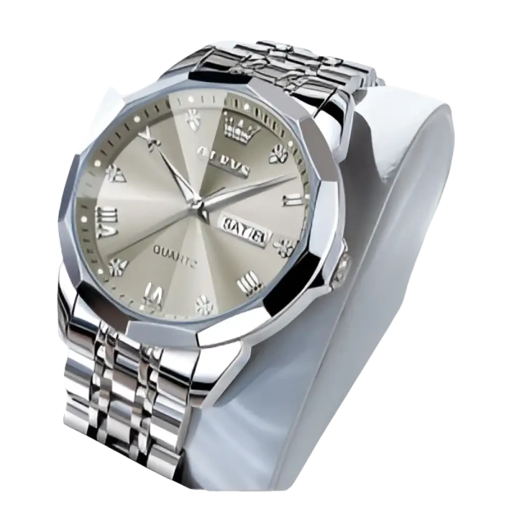 Montre à quartz pour homme, de couleur argentée, avec affichage de la date et index en chiffres romains.