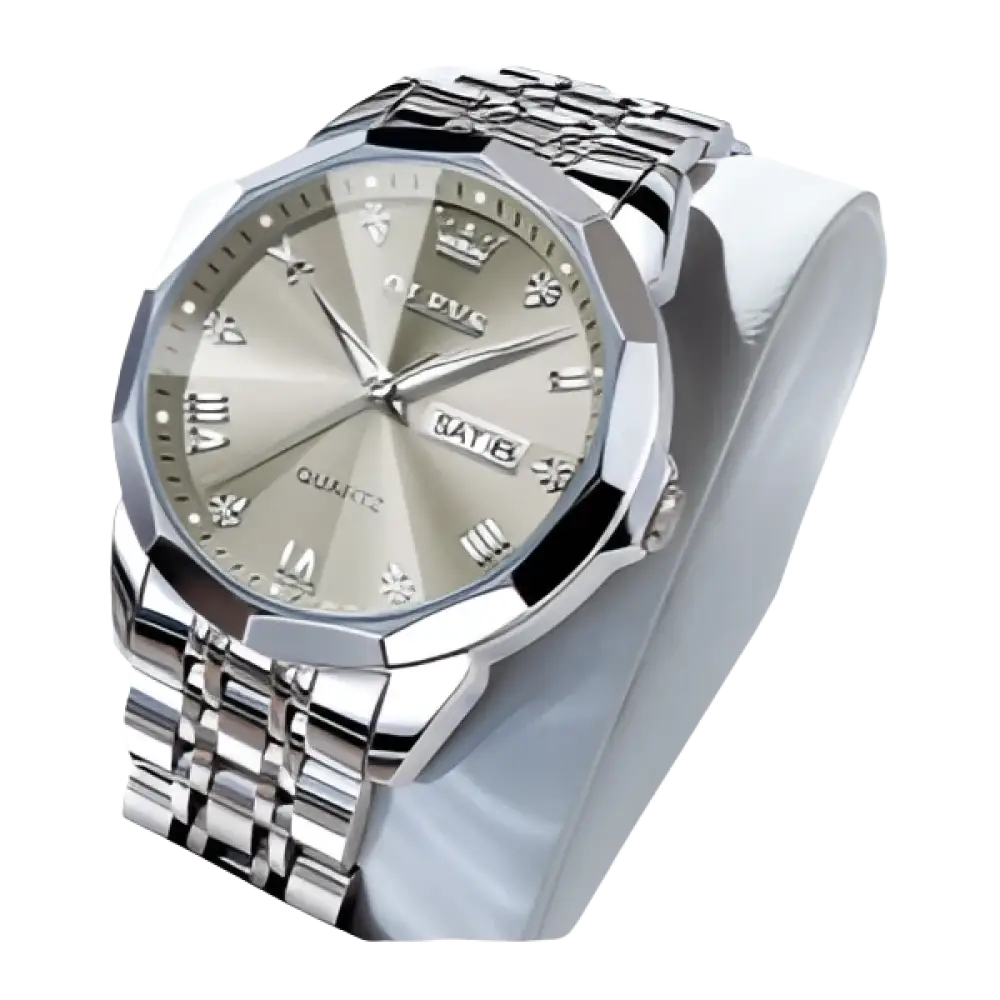 Montre à quartz pour homme, de couleur argentée, avec affichage de la date et index en diamants.