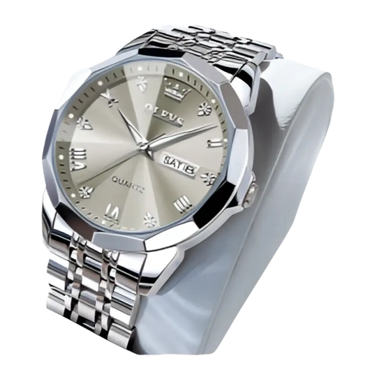 Montre à quartz pour homme, de couleur argentée, avec affichage de la date et index en diamants.