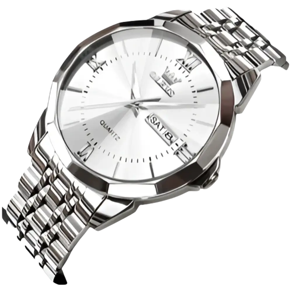 Montre à quartz pour homme, de couleur argentée, avec bracelet en métal et affichage de la date du jour.