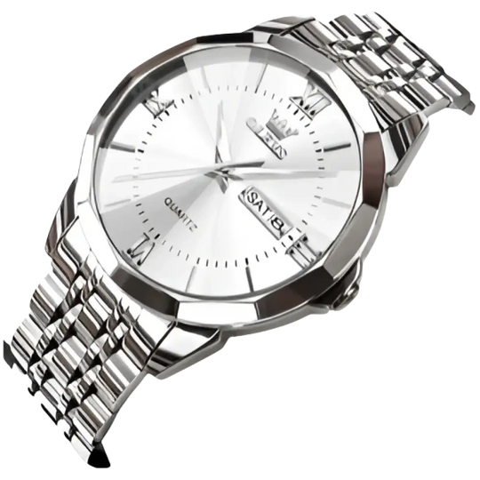 Montre à quartz pour homme, de couleur argentée, avec bracelet en métal et affichage de la date du jour.