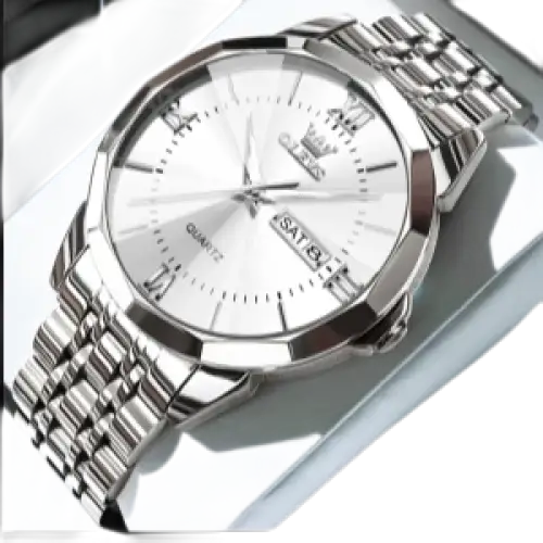 Montre à quartz pour homme, de couleur argentée, avec bracelet en métal et affichage de la date du jour.