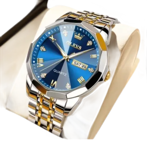 Montre pour homme en argent et or bicolore avec un cadran bleu.