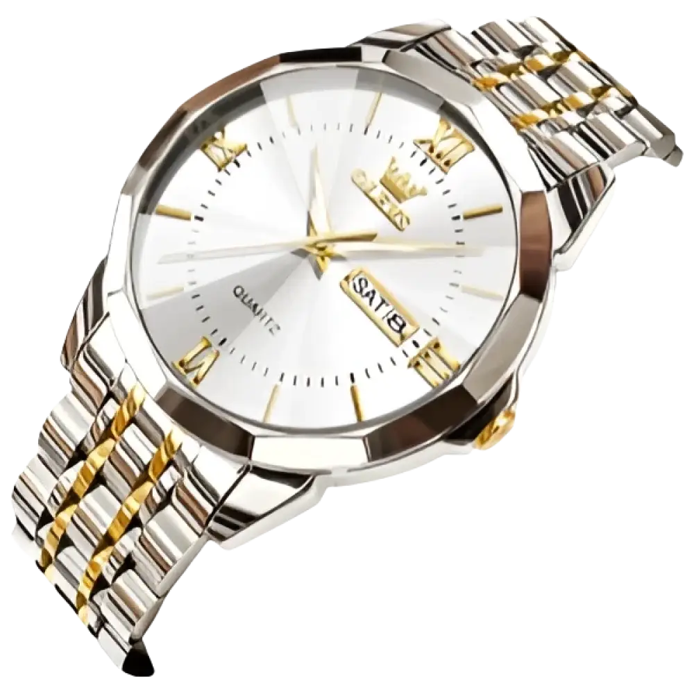 Montre à quartz pour hommes, en argent et or, avec affichage de la date.