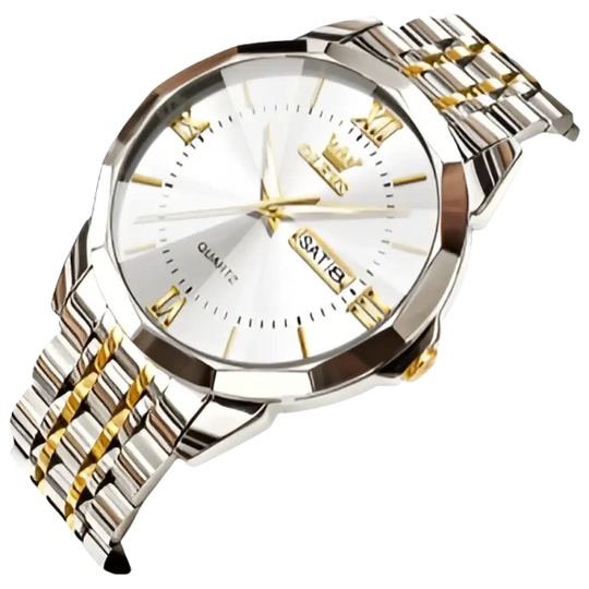 Montre à quartz pour hommes, en argent et or, avec affichage de la date.