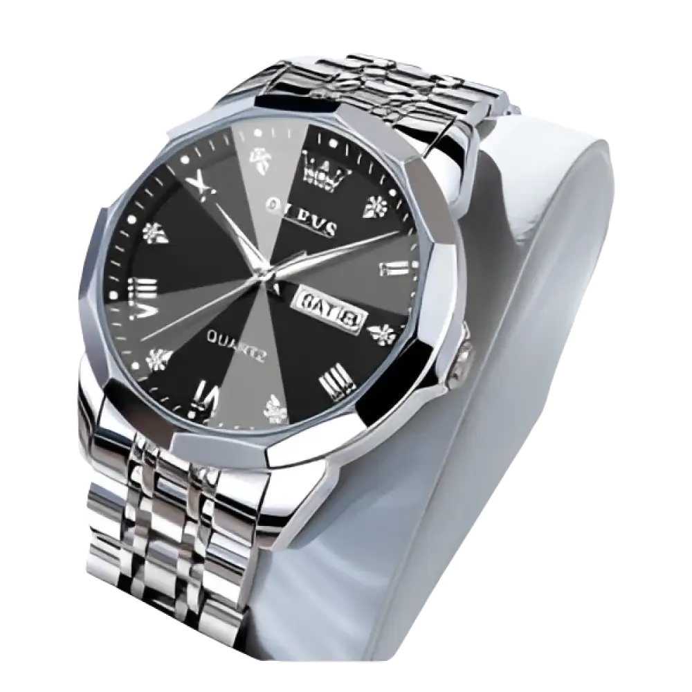 Montre pour homme en acier inoxydable de couleur argentée avec un cadran segmenté noir et gris.