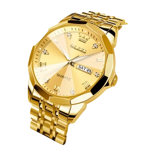 Montre-bracelet à quartz pour homme, de couleur or, avec affichage jour/date.
