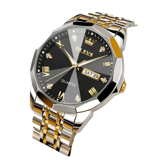 Montre à quartz pour homme en acier inoxydable bicolore avec un cadran géométrique noir et gris, des accents dorés et des index en chiffres romains.