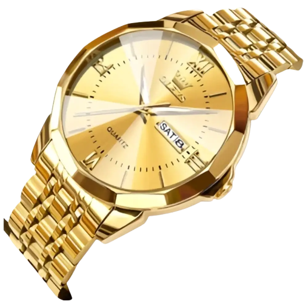 Montre-bracelet à quartz pour hommes, de couleur dorée, avec affichage du jour et de la date.