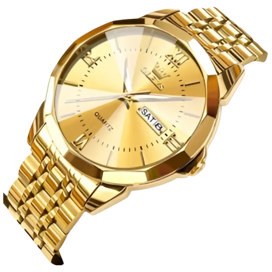 Montre-bracelet à quartz pour hommes, de couleur dorée, avec affichage du jour et de la date.