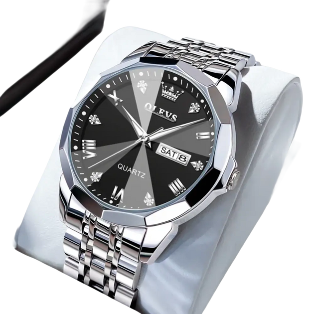 Montre pour homme en acier inoxydable de couleur argentée avec un cadran à motif radial noir et gris, des index en diamant et un affichage de la date.