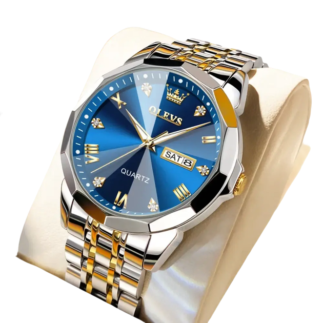 Montre pour homme en acier inoxydable bicolore avec cadran bleu, chiffres romains et affichage de la date.