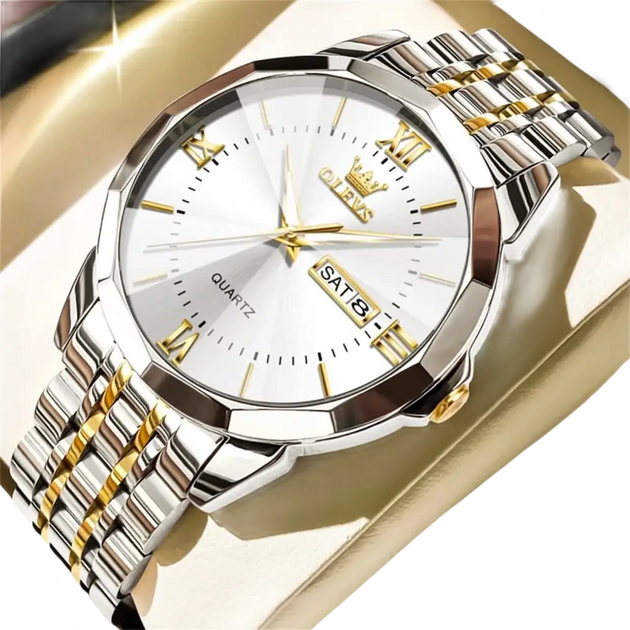 Montre à quartz pour homme, bicolore, argent et or, avec cadran blanc et affichage de la date.