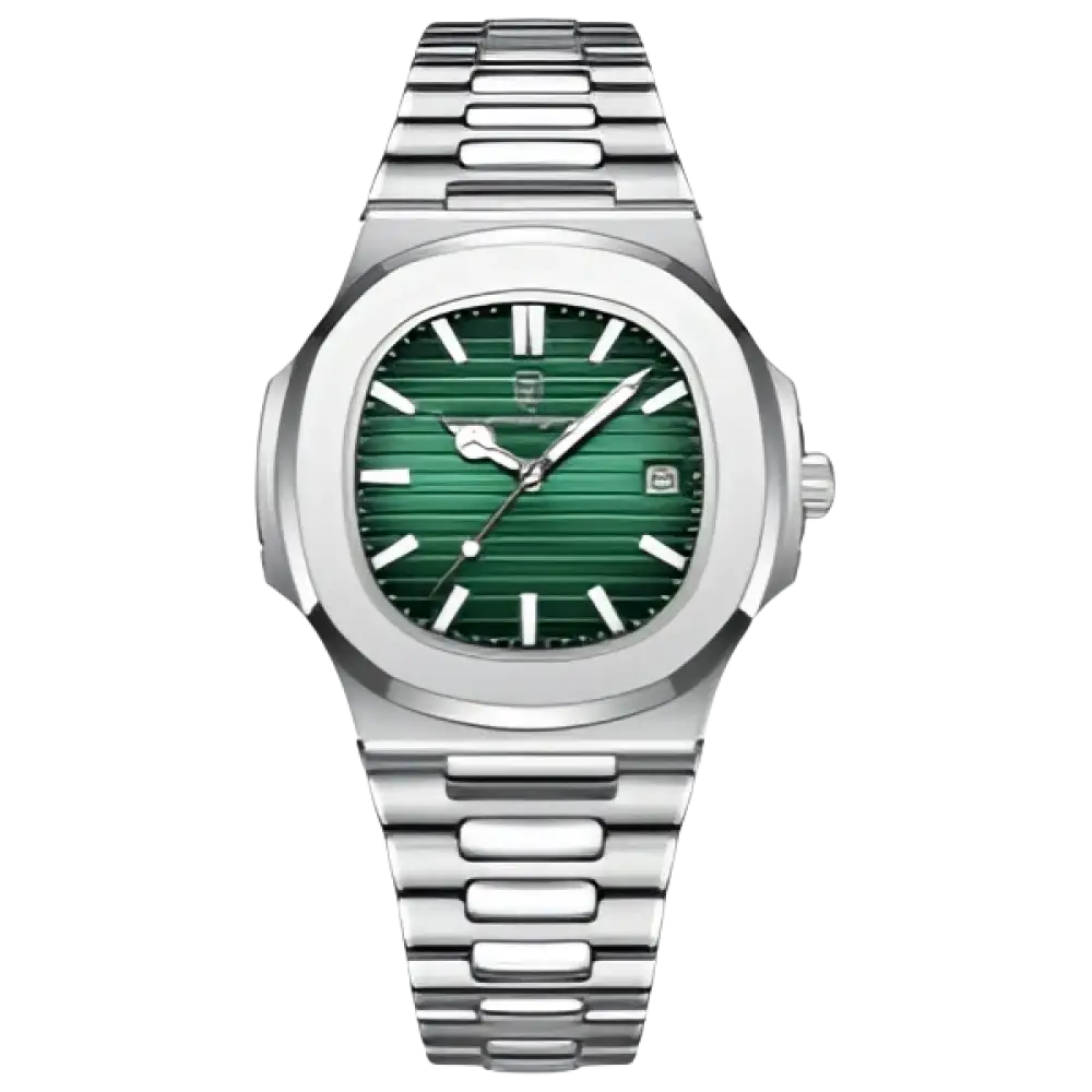 Montre en acier inoxydable de couleur argentée avec un cadran vert et des rainures horizontales.