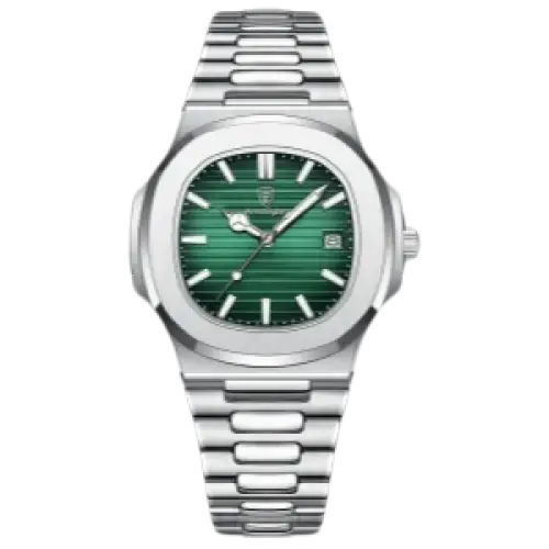 Montre en acier inoxydable de couleur argentée avec un cadran vert et des rainures horizontales.