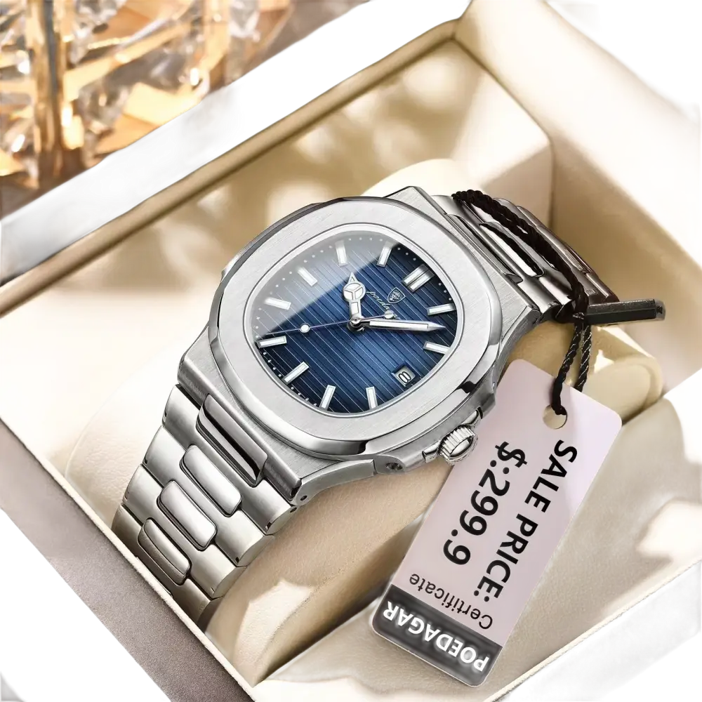 Montre de couleur argentée avec cadran bleu et affichage de la date.