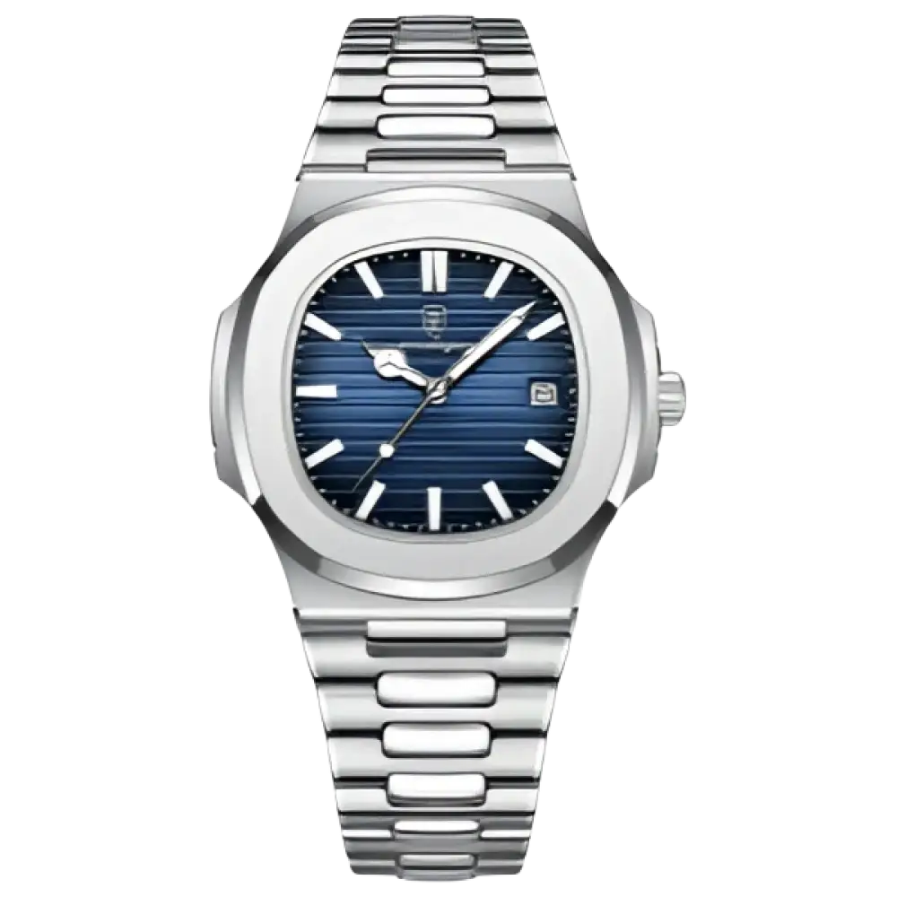 Montre en acier inoxydable avec cadran bleu nervuré, date à guichet, aiguilles et index lumineux.