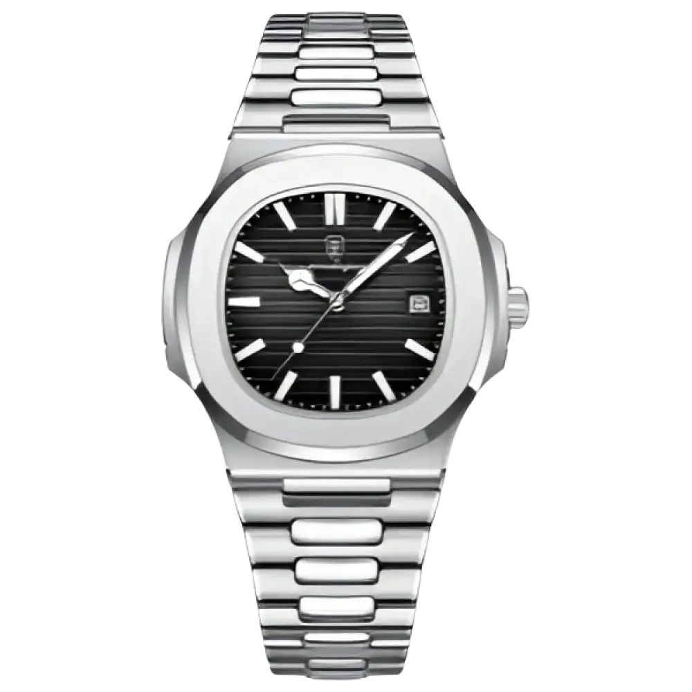 Montre automatique de couleur argentée avec un cadran noir à rayures horizontales et un guichet de date.