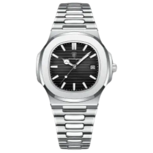 Montre automatique de couleur argentée avec un cadran noir à rayures horizontales et un guichet de date.