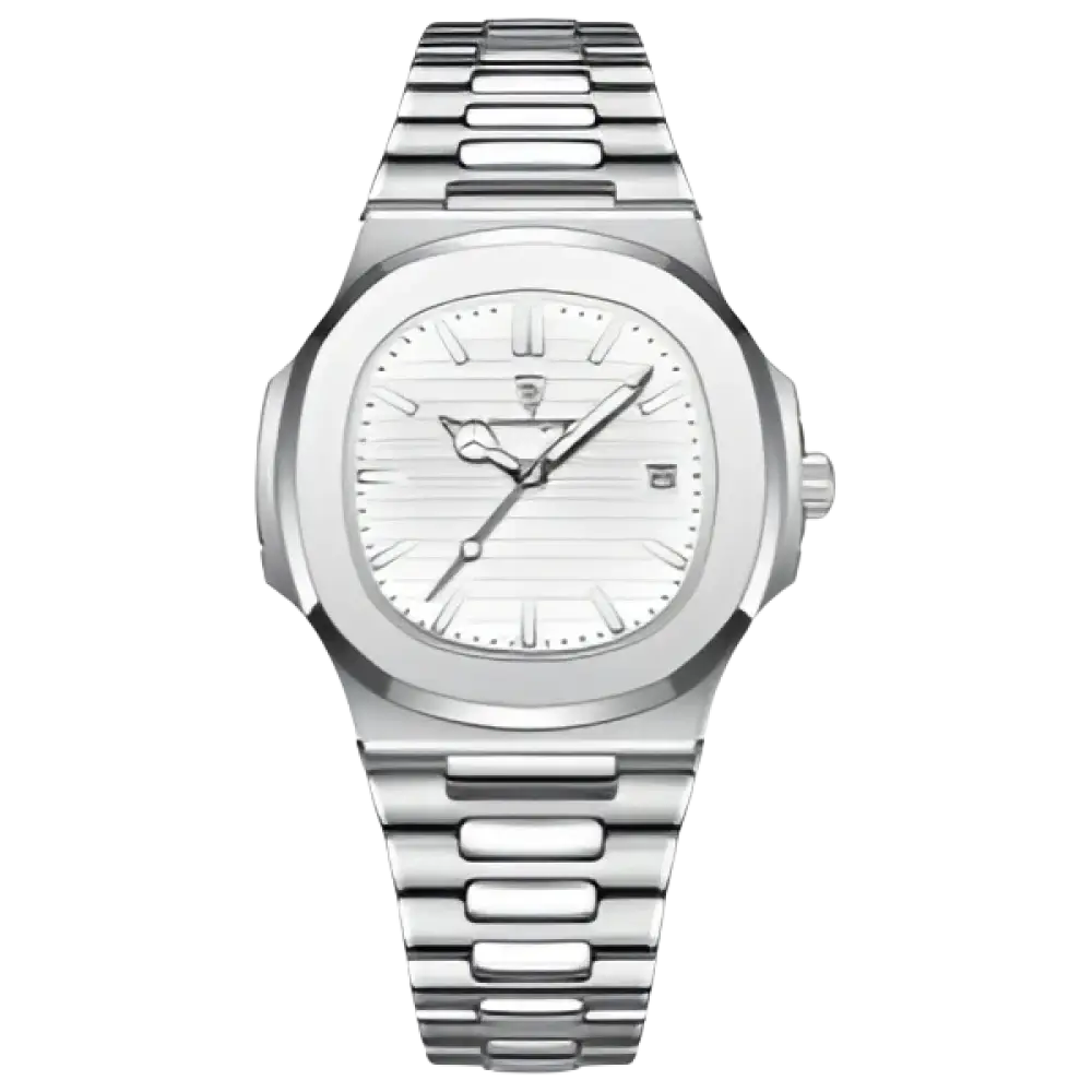 Une montre-bracelet élégante en acier inoxydable de couleur argentée avec un cadran blanc et un affichage de la date.