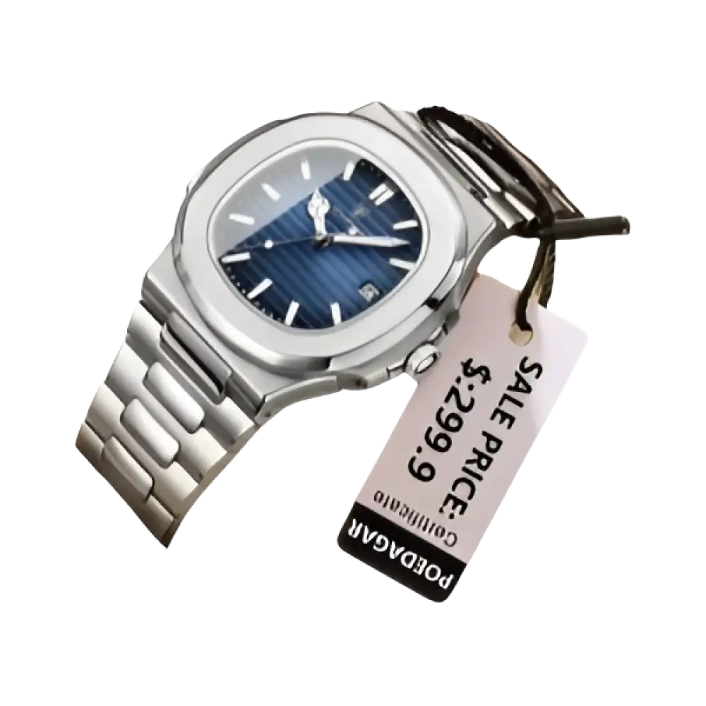 Une montre-bracelet pour homme en acier inoxydable de couleur argentée, avec un cadran bleu, un affichage de la date et une étiquette de prix de vente attachée.