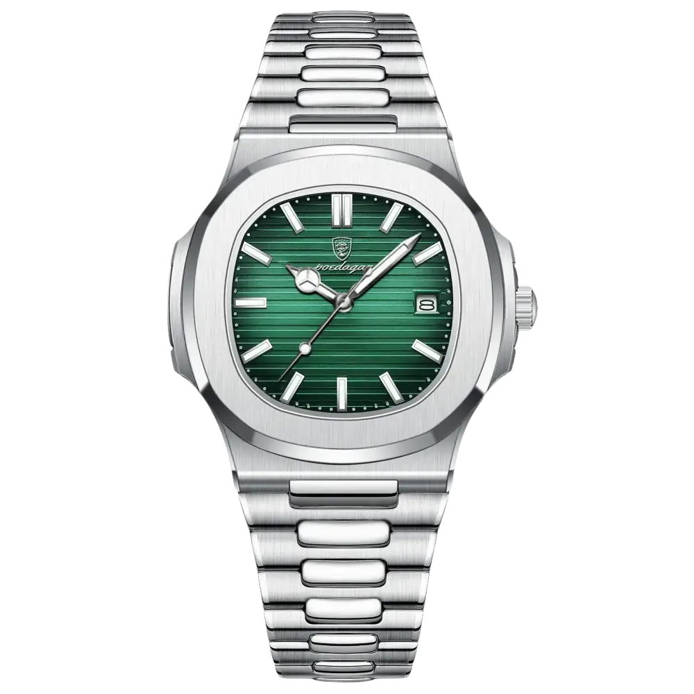 Montre-bracelet en acier inoxydable de couleur argentée avec un cadran à rayures horizontales vertes et un guichet de date.