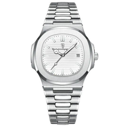 Montre en acier inoxydable de couleur argentée avec cadran blanc texturé et affichage de la date.