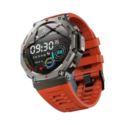 Montre sportive avec bracelet en silicone orange, boîtier en métal argenté et affichage numérique.