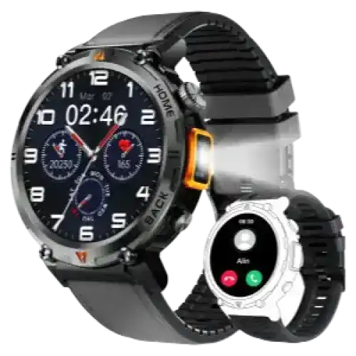 Montre connectée robuste noire avec un affichage numérique et un bouton accent orange.