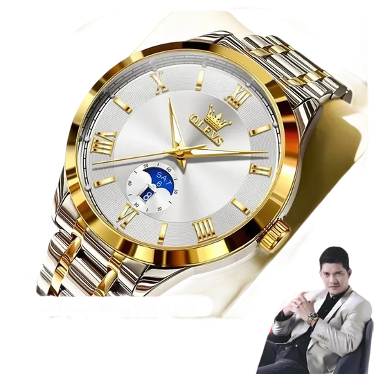Montre pour homme en or et argent bicolore avec un cadran blanc et des chiffres romains.