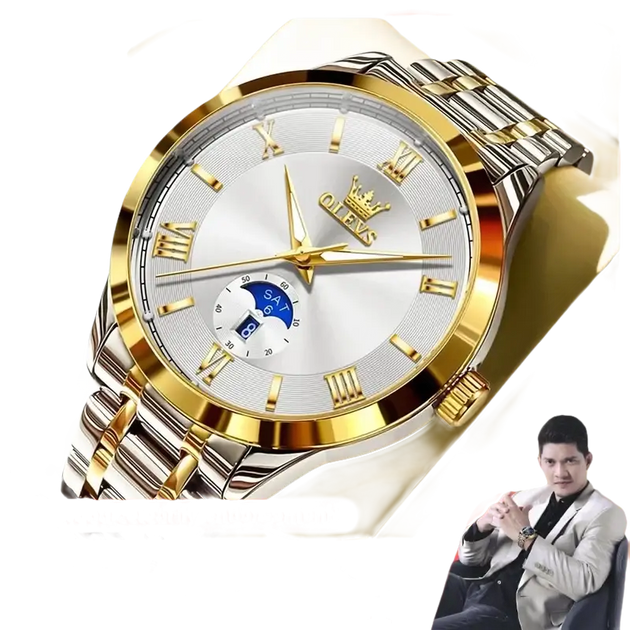 Montre pour homme en or et argent bicolore avec un cadran blanc et des chiffres romains.