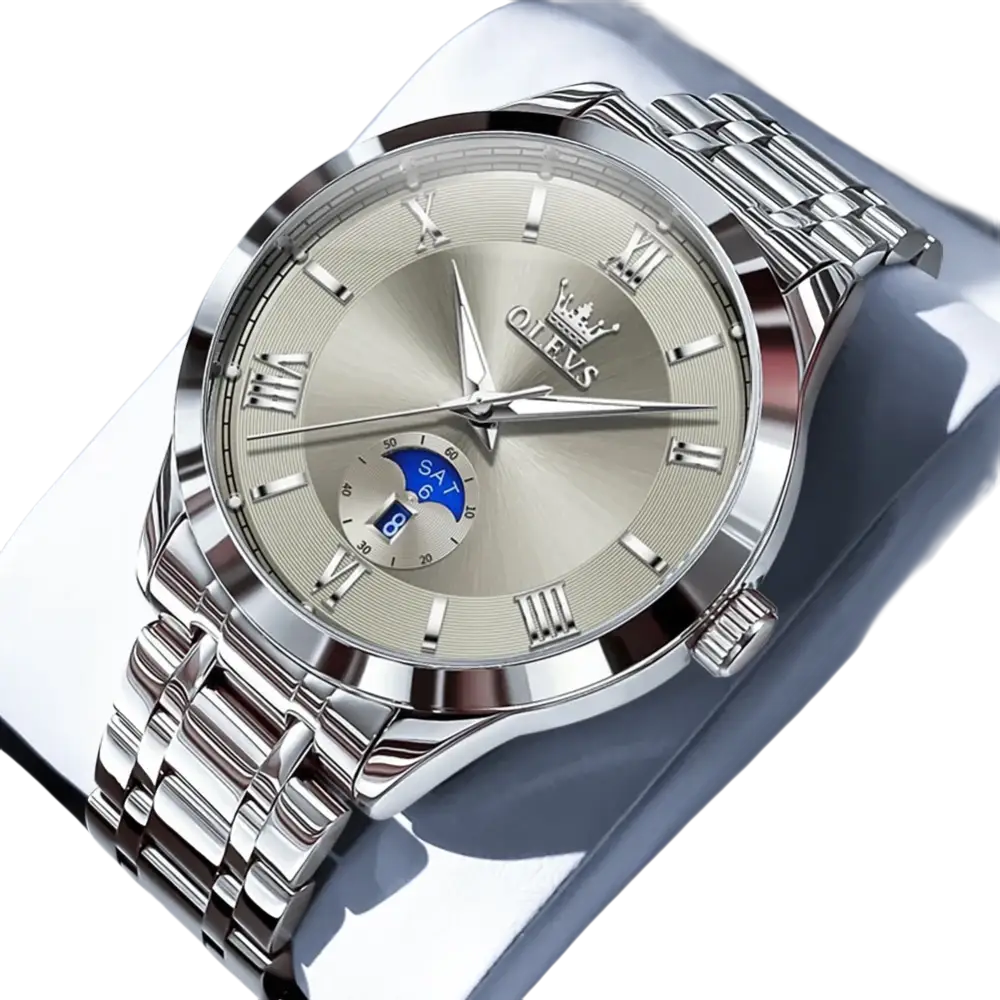 Montre pour homme de couleur argentée avec un bracelet métallique, des index en chiffres romains et un cadran auxiliaire pour les phases de lune.