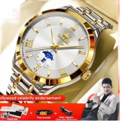 Élégante montre-bracelet bicolore en or et argent avec chiffres romains et complication de phase de lune.