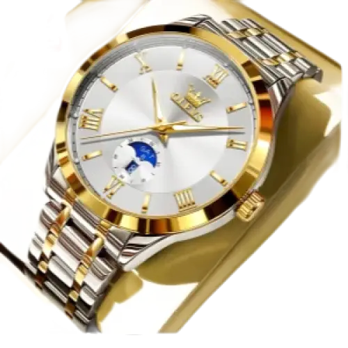 Montre pour homme en acier inoxydable bicolore avec cadran blanc, chiffres romains dorés et cadran secondaire des phases de lune.