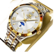 Montre pour homme en acier inoxydable bicolore avec cadran blanc, chiffres romains dorés et cadran secondaire des phases de lune.